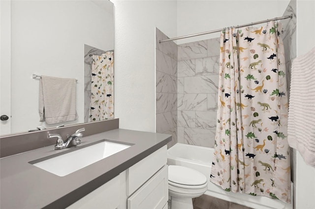 full bathroom with vanity, toilet, and shower / bathtub combination with curtain