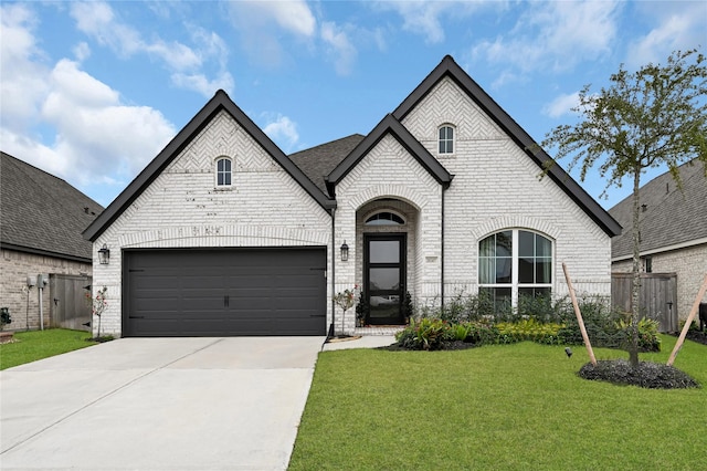 french country style house featuring a front lawn and a garage