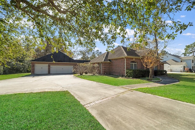 ranch-style house with a front yard and a garage