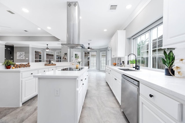 kitchen with dishwasher, sink, range hood, kitchen peninsula, and a kitchen island