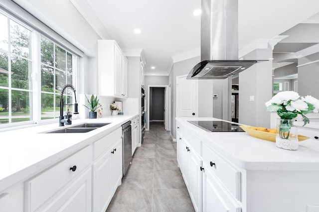 kitchen with dishwasher, white cabinets, black electric stovetop, sink, and island exhaust hood