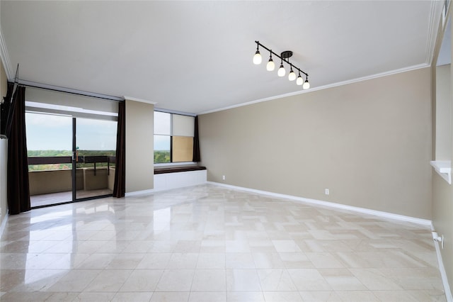 spare room with rail lighting, a wealth of natural light, and ornamental molding