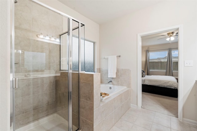 ensuite bathroom with a stall shower, connected bathroom, ceiling fan, tile patterned floors, and a bath