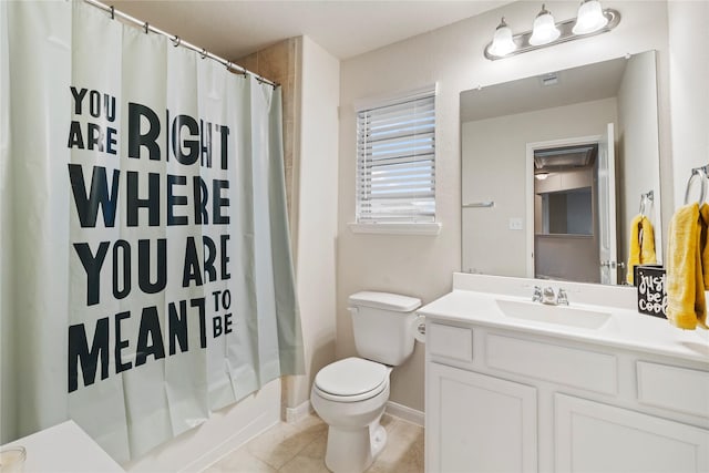 full bath with toilet, vanity, baseboards, tile patterned floors, and shower / bath combination with curtain