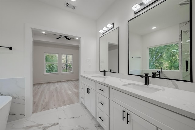 bathroom with ceiling fan, a bathtub, vanity, and a wealth of natural light