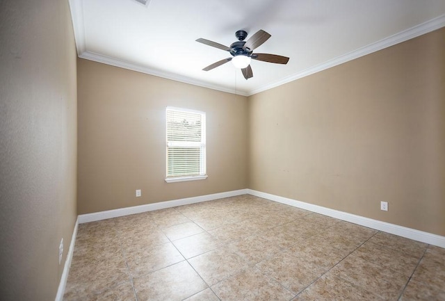 tiled empty room with crown molding and ceiling fan