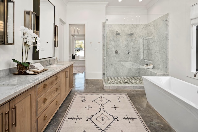 bathroom featuring concrete flooring, vanity, crown molding, and plus walk in shower