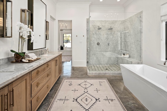 7010 Bowie Ct, Montgomery, TX 77316 - bathroom featuring a freestanding tub, a marble finish shower, ornamental molding, double vanity, and concrete flooring