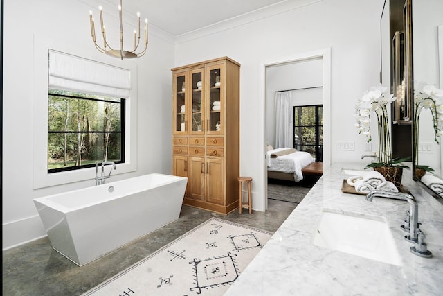 bathroom featuring a tub, crown molding, a chandelier, concrete flooring, and vanity