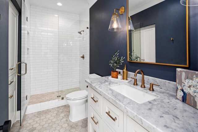 7010 Bowie Ct, Montgomery, TX 77316 - full bath featuring vanity, a shower stall, tile patterned flooring, and recessed lighting
