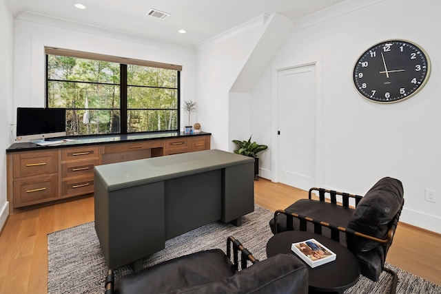 office featuring light hardwood / wood-style floors and crown molding