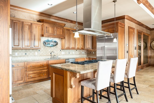 1245 Lagoon Dr, Crystal Beach, TX 77650 - kitchen featuring light stone countertops, a center island, stainless steel appliances, decorative light fixtures, and island range hood