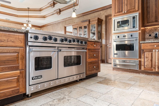 1245 Lagoon Dr, Crystal Beach, TX 77650 - kitchen featuring an inviting chandelier, decorative backsplash, ornamental molding, decorative light fixtures, and stainless steel appliances