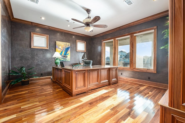 1245 Lagoon Dr, Crystal Beach, TX 77650 - office area featuring ceiling fan, light hardwood / wood-style floors, and ornamental molding