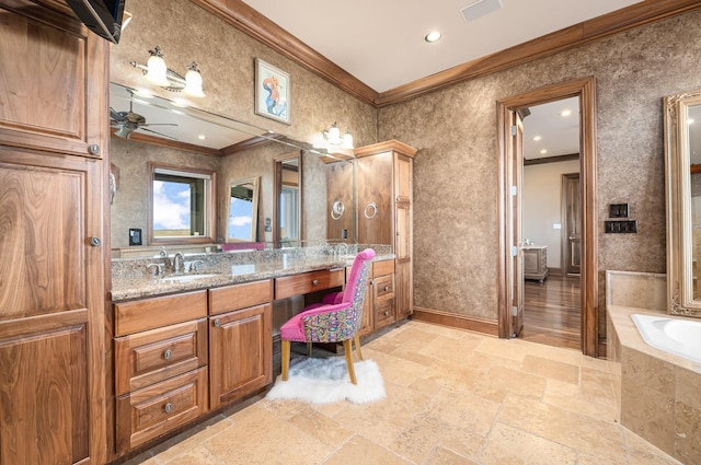 1245 Lagoon Dr, Crystal Beach, TX 77650 - bathroom with tiled bath, crown molding, vanity, and ceiling fan