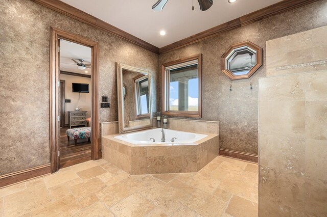 1245 Lagoon Dr, Crystal Beach, TX 77650 - bathroom featuring crown molding and tiled tub
