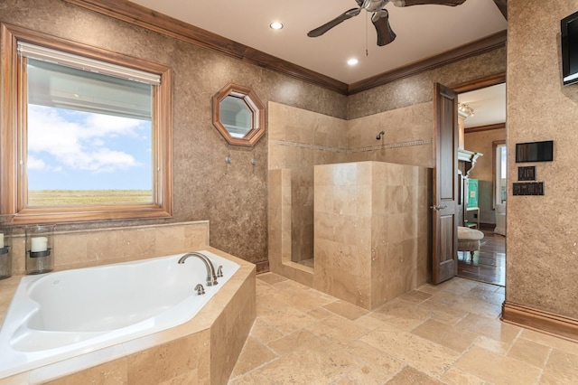 1245 Lagoon Dr, Crystal Beach, TX 77650 - bathroom with crown molding, ceiling fan, and independent shower and bath