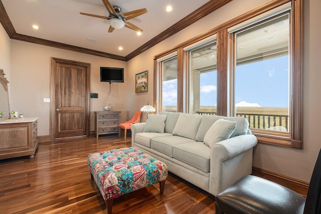 1245 Lagoon Dr, Crystal Beach, TX 77650 - living room featuring crown molding, dark wood-type flooring, and a healthy amount of sunlight