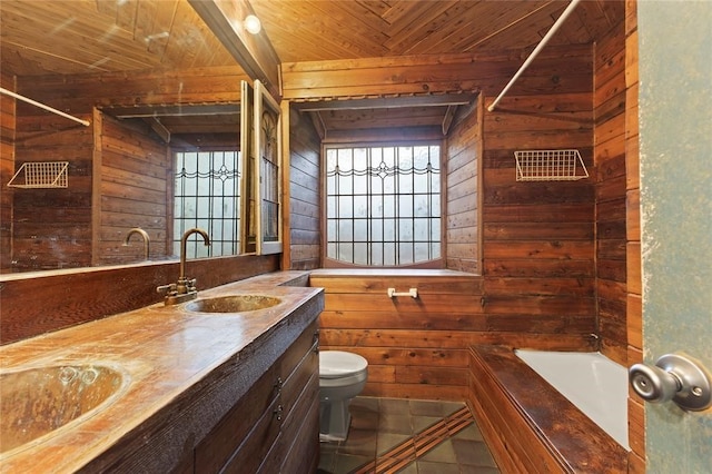 bathroom with tile patterned flooring, wooden ceiling, toilet, and wooden walls