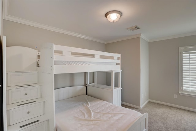 unfurnished bedroom with light carpet and crown molding