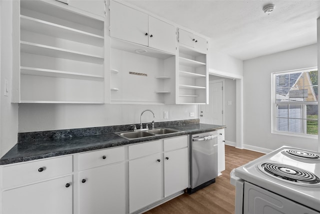 kitchen with dishwasher, stove, dark wood-type flooring, white cabinets, and sink