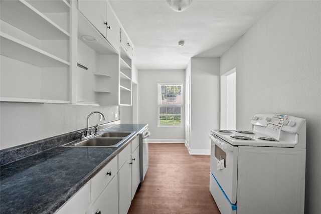 kitchen with dark hardwood / wood-style flooring, sink, dishwasher, white range with electric cooktop, and white cabinetry