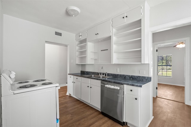 kitchen with electric stove, dark hardwood / wood-style flooring, white cabinets, and stainless steel dishwasher