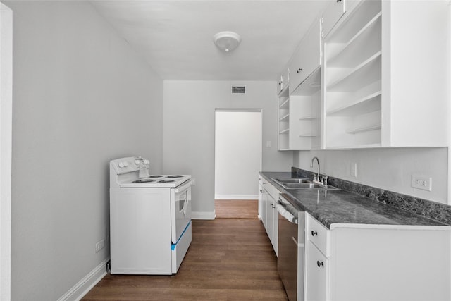 kitchen featuring white range with electric stovetop, white cabinetry, dishwasher, and dark hardwood / wood-style floors