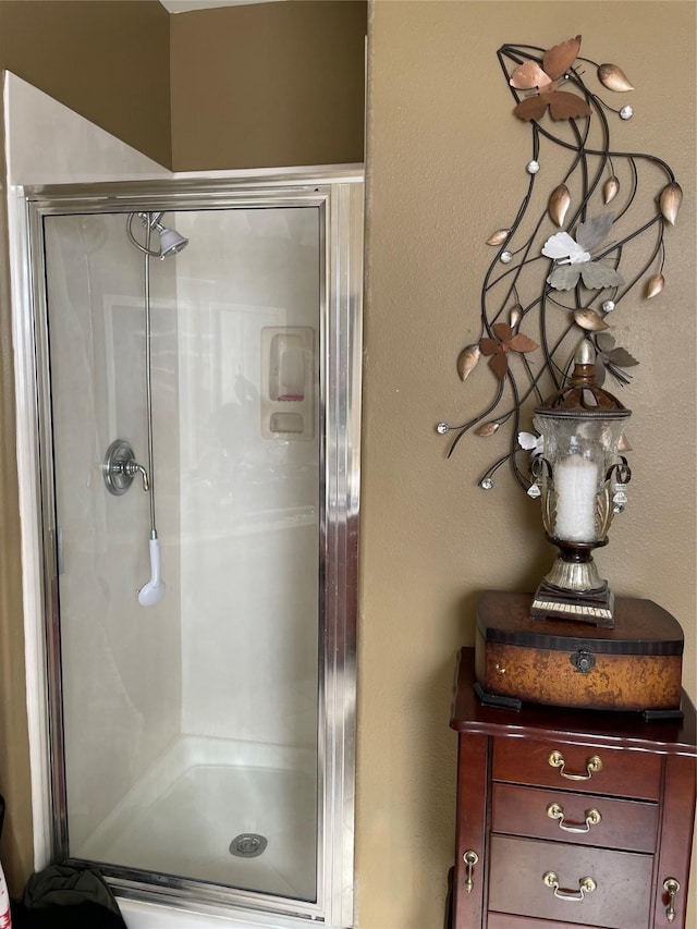 bathroom with a shower with shower door