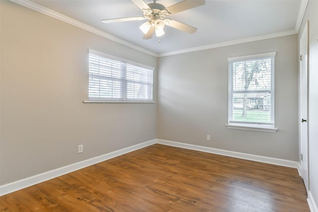 unfurnished room with ceiling fan, dark hardwood / wood-style floors, and ornamental molding