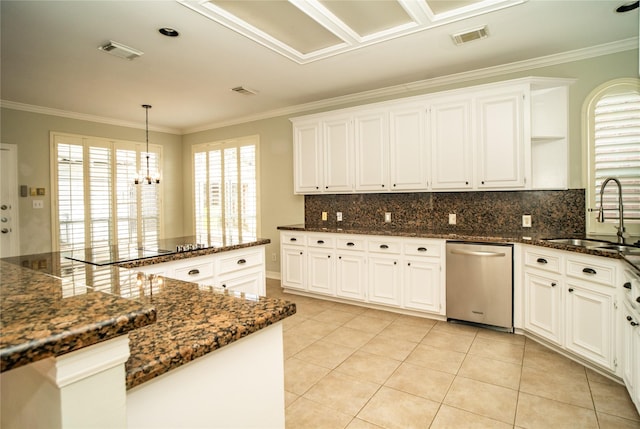 kitchen with stainless steel dishwasher, dark stone counters, crown molding, sink, and white cabinets