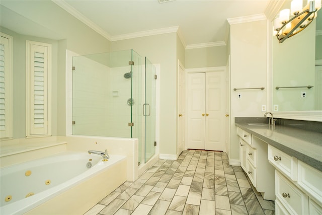 bathroom featuring vanity, independent shower and bath, and crown molding