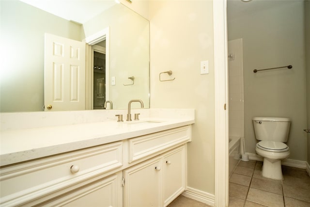 full bathroom with tile patterned floors, vanity,  shower combination, and toilet