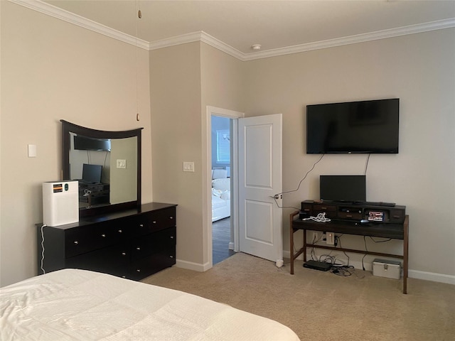 bedroom with light carpet and ornamental molding