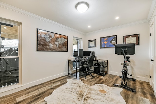 home office with hardwood / wood-style floors and crown molding