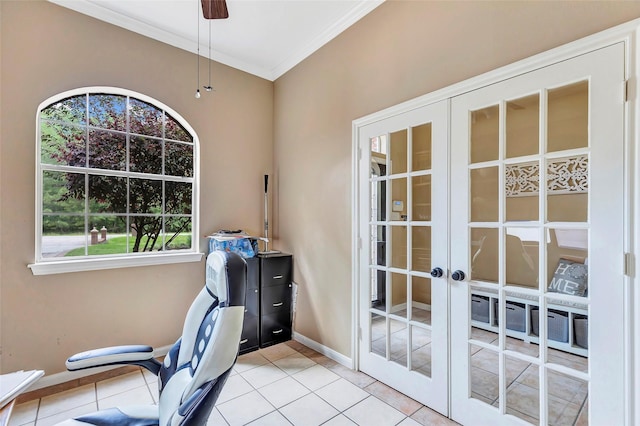 office space with ceiling fan, french doors, light tile patterned floors, and ornamental molding