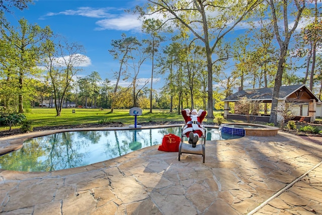 view of pool with a gazebo, an in ground hot tub, a yard, and a patio