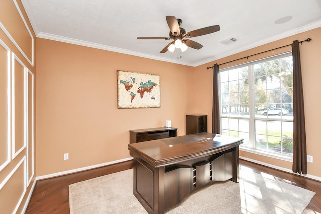 office area with ceiling fan, wood-type flooring, crown molding, and a wealth of natural light