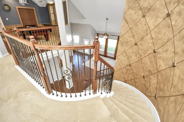 staircase featuring carpet and ceiling fan