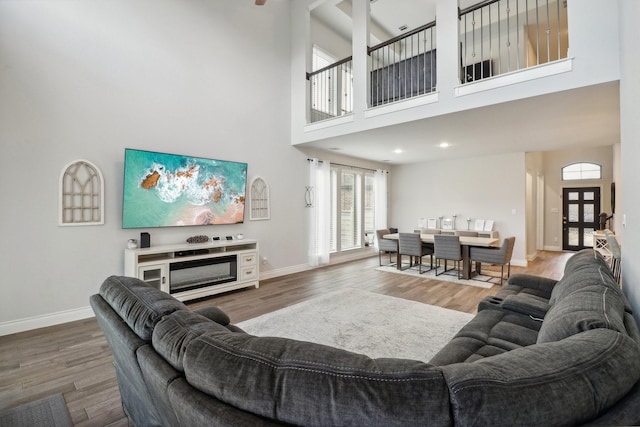 living room featuring a towering ceiling and wood-type flooring