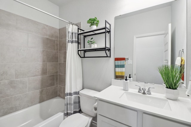 full bathroom with shower / bath combination with curtain, vanity, and toilet