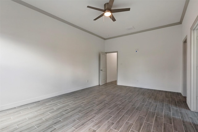 unfurnished room with hardwood / wood-style floors, ceiling fan, and ornamental molding