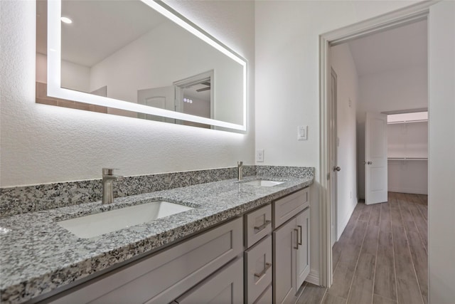 bathroom featuring hardwood / wood-style floors and vanity