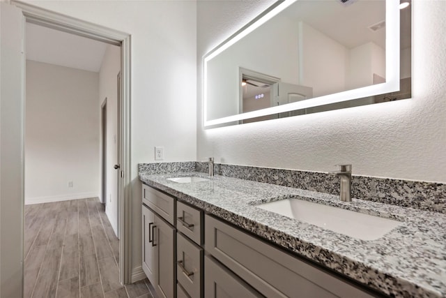 bathroom with vanity and wood-type flooring