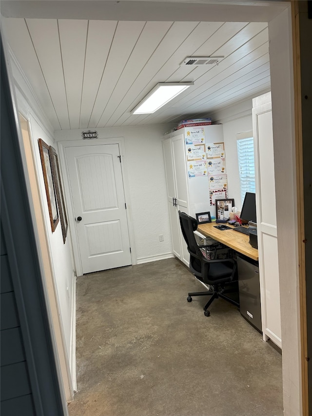 office space featuring concrete floors and wood ceiling