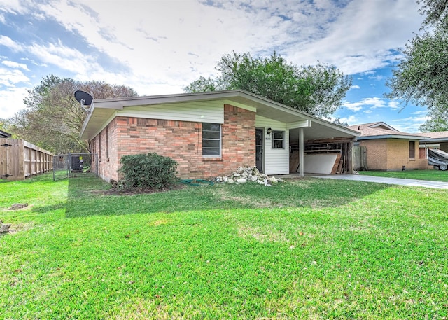 ranch-style home with central AC and a front lawn