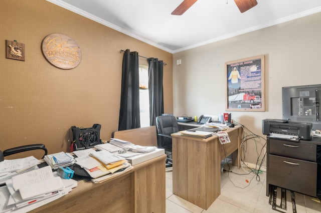 office area featuring ceiling fan, light tile patterned flooring, and crown molding