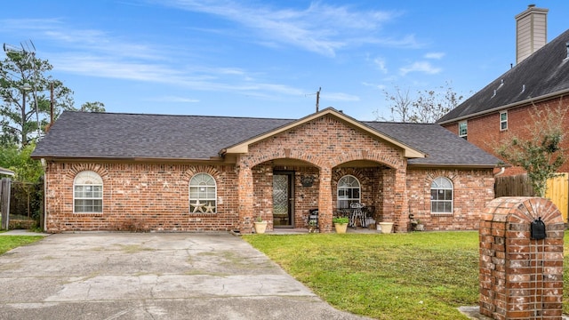 ranch-style home with a front yard and covered porch