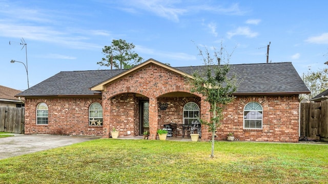 view of front of property featuring a patio area and a front lawn