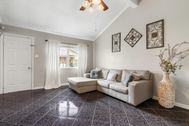 living room with ceiling fan, crown molding, a textured ceiling, and vaulted ceiling